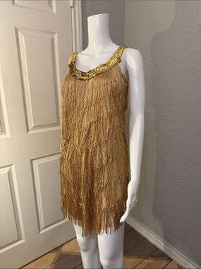 Roaring 20’s Sz 8/10 Champagne Halloween costume Flapper Dress Fringe Sequin